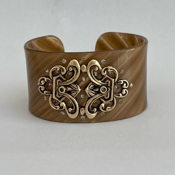 Cellulose acetate brass diamanté crystal wide open cuff bracelet - Picture 4 of 9